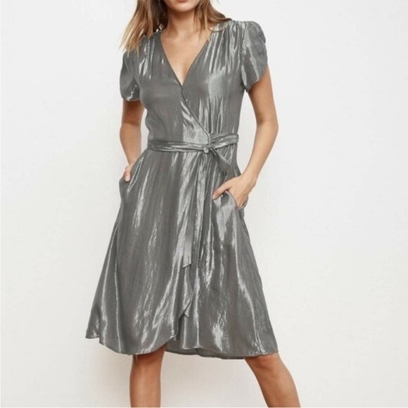 Velvet by Graham & Spencer Anthropologie Calina Metallic Silver Wrap Dress, Sz S - Picture 11 of 12